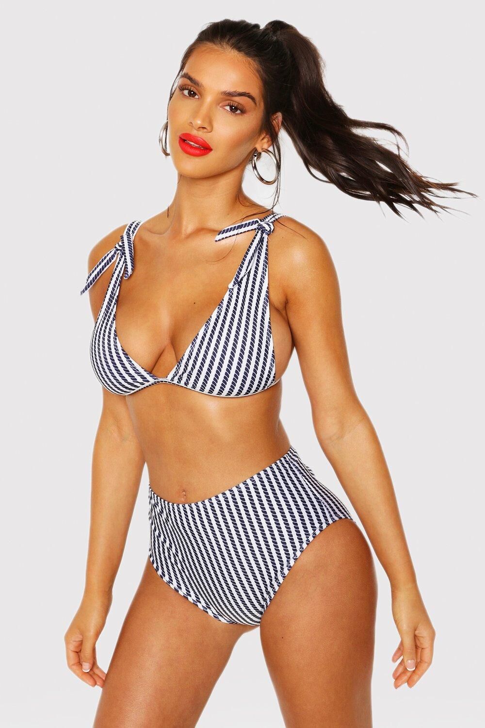 Boohoo Nautical Tie Shoulder High Waist Bikini- Navy  - Size: 14