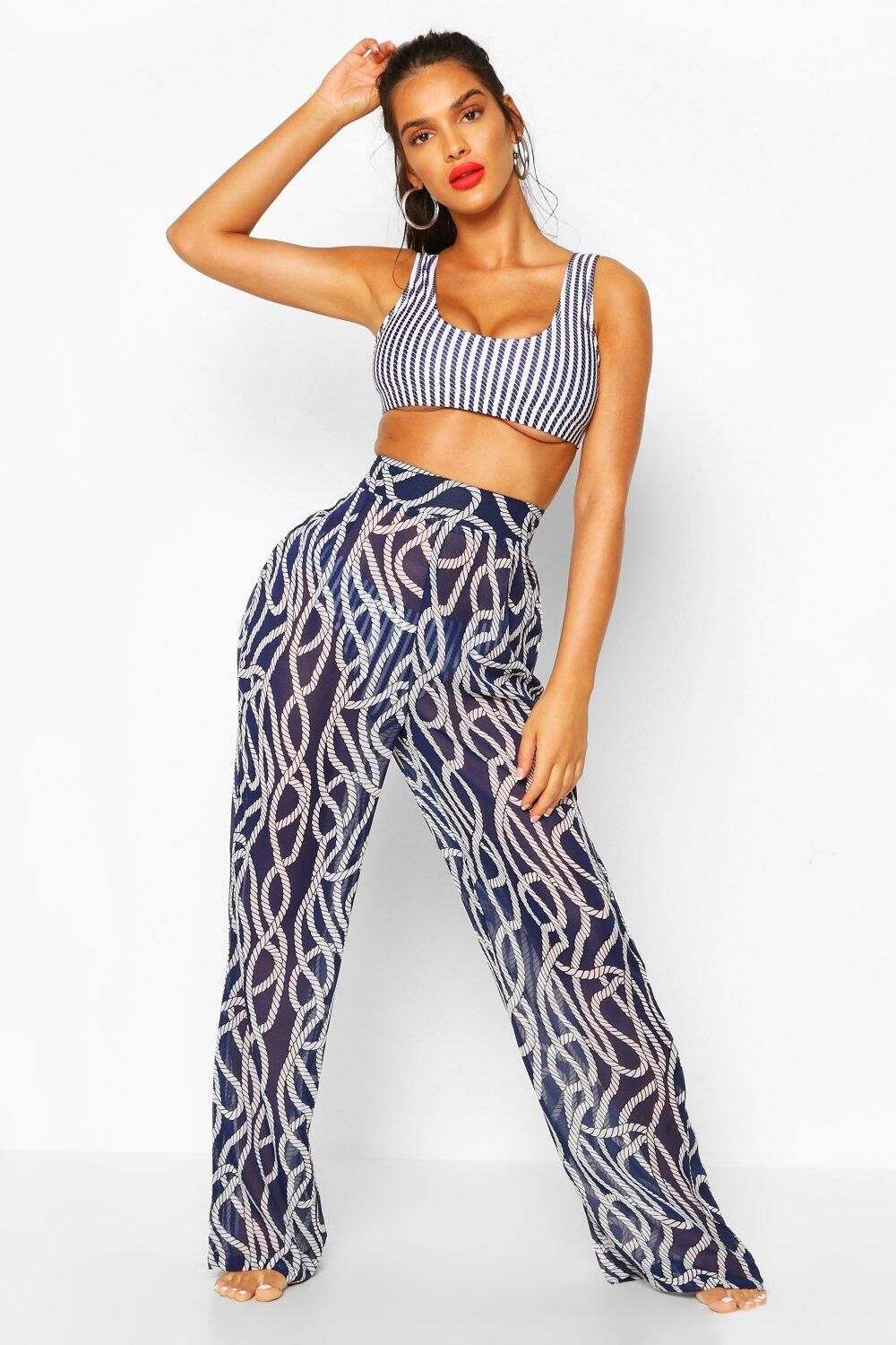 Boohoo Nautical Rope Print Wide Leg Beach Pants- Navy  - Size: 10