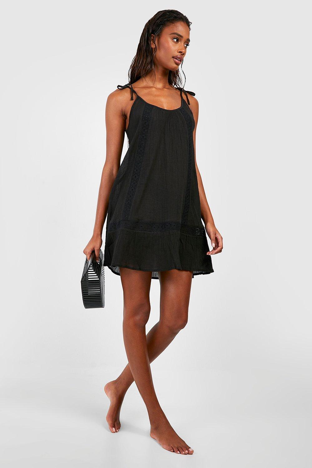 Boohoo Embroidered Cheesecloth Beach Dress- Black  - Size: M