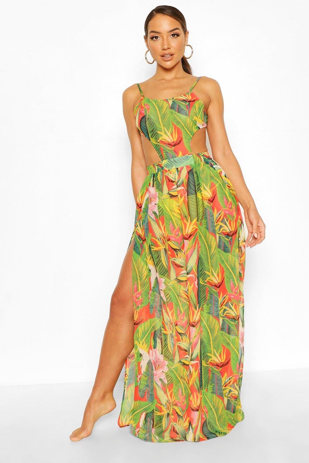 Boohoo Tropicana Cut Out Maxi Beach Dress- Red  - Size: XS