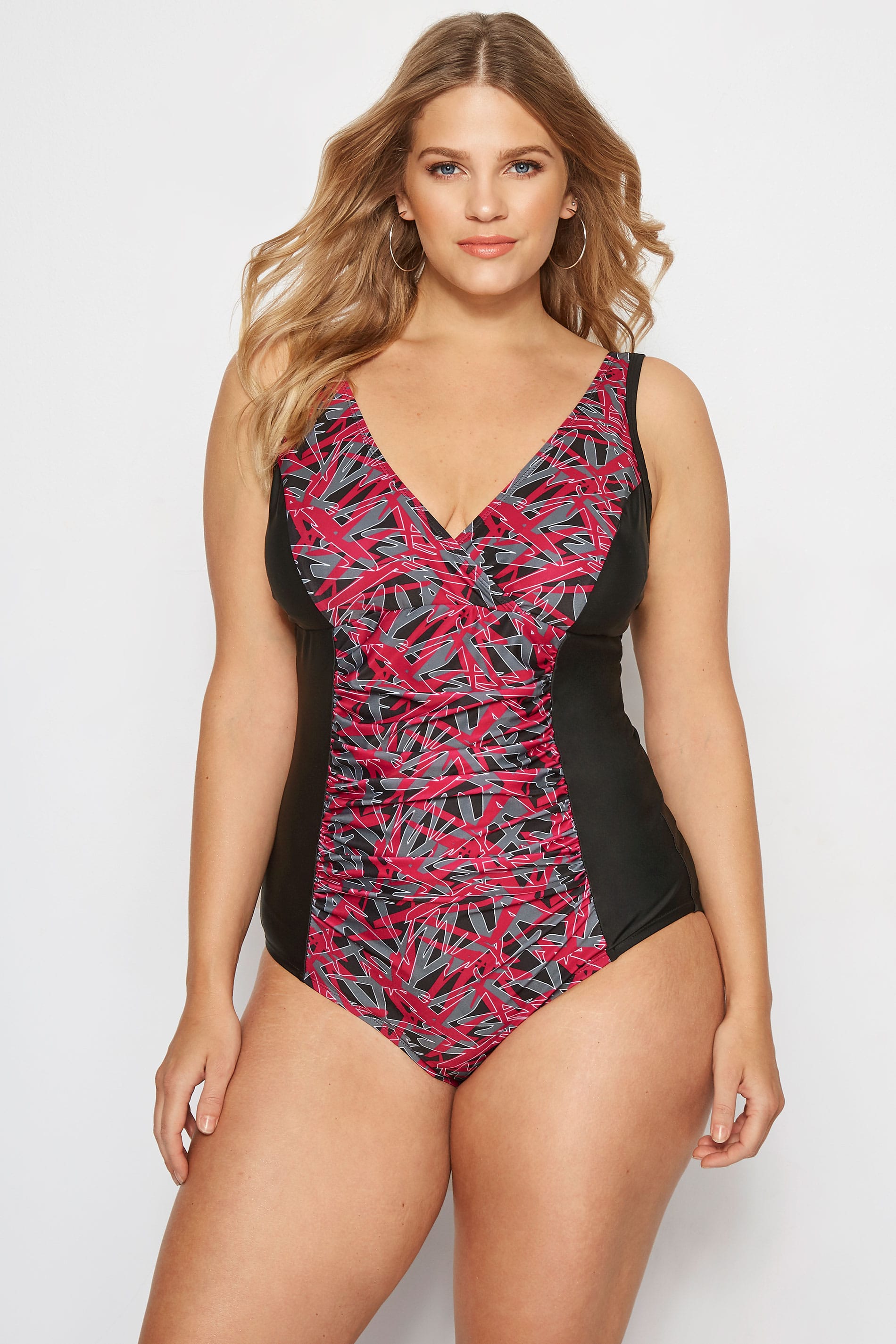 Yours Clothing Black & pink abstract swimsuit