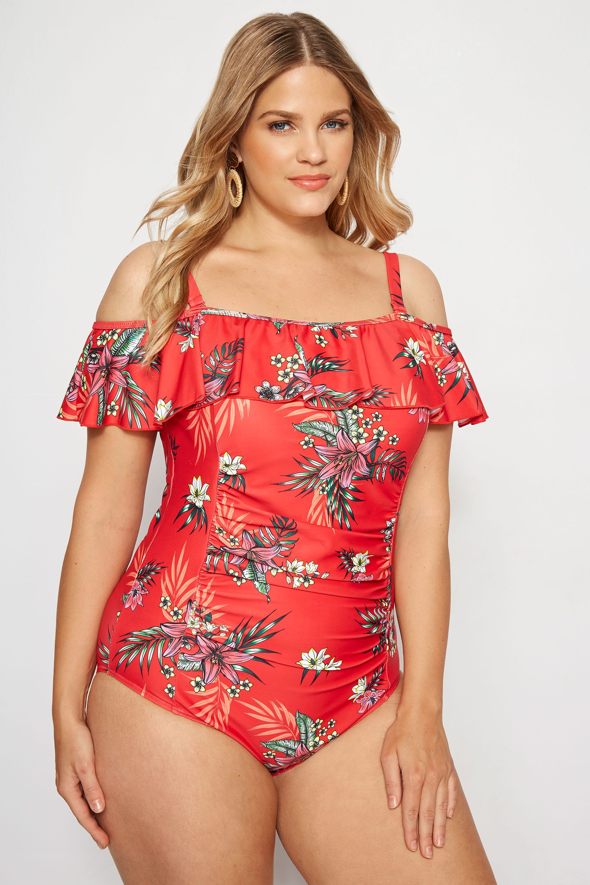 Yours Clothing Red tropical floral cold shoulder swimsuit