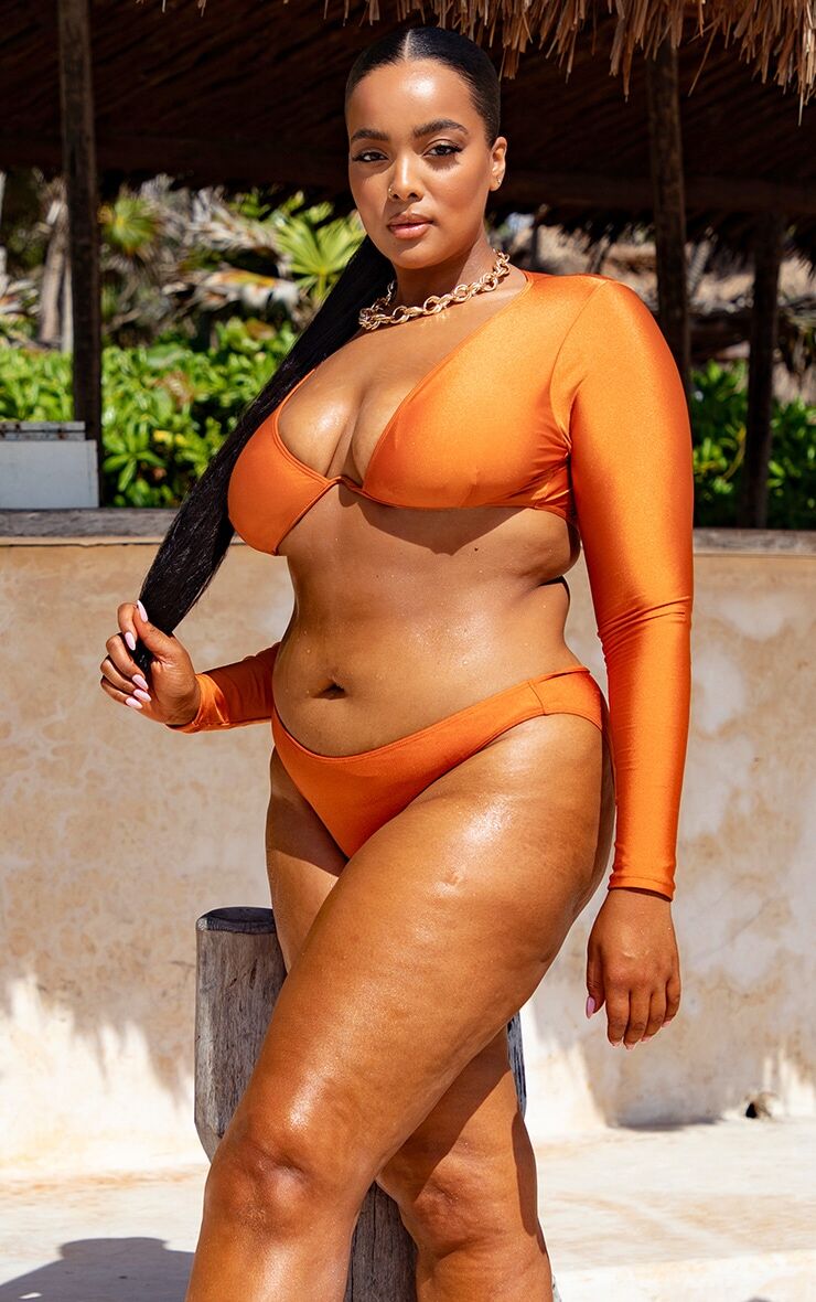 PrettyLittleThing Plus Orange Underwired Long Sleeve Bikini Top  - Orange - Size: 20