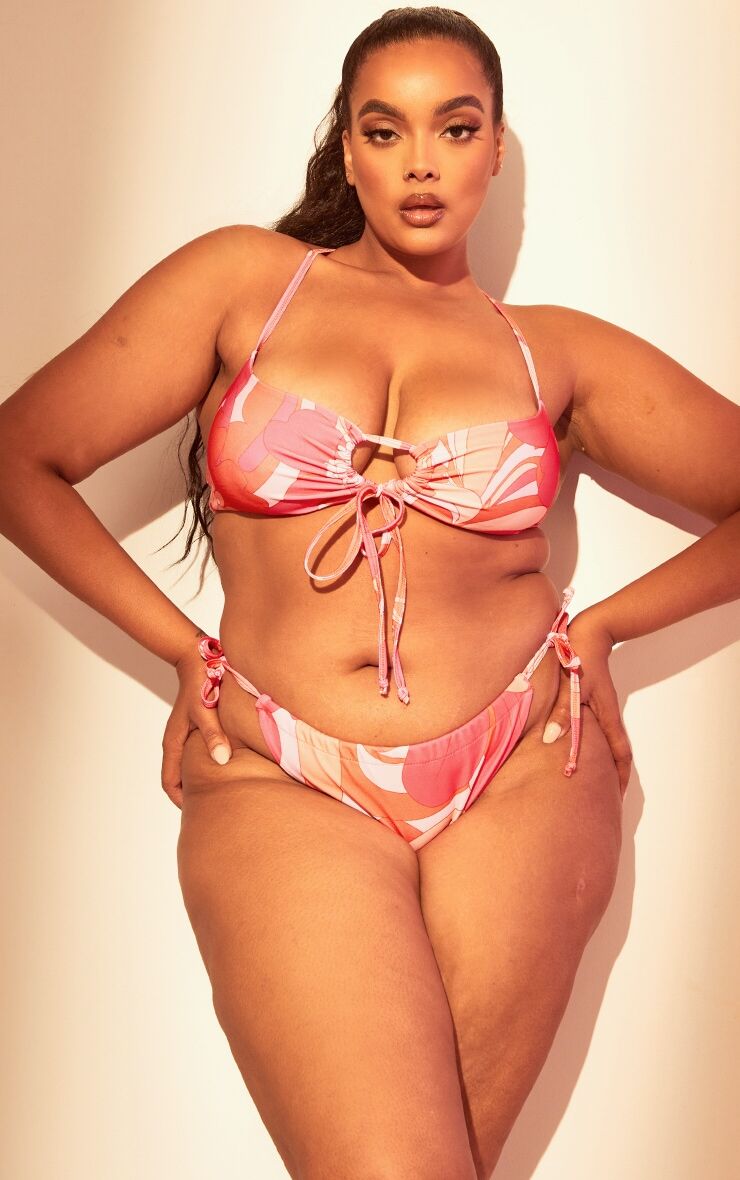 PrettyLittleThing Plus Pink Floral Tie Bikini Bottoms  - Pink - Size: 30