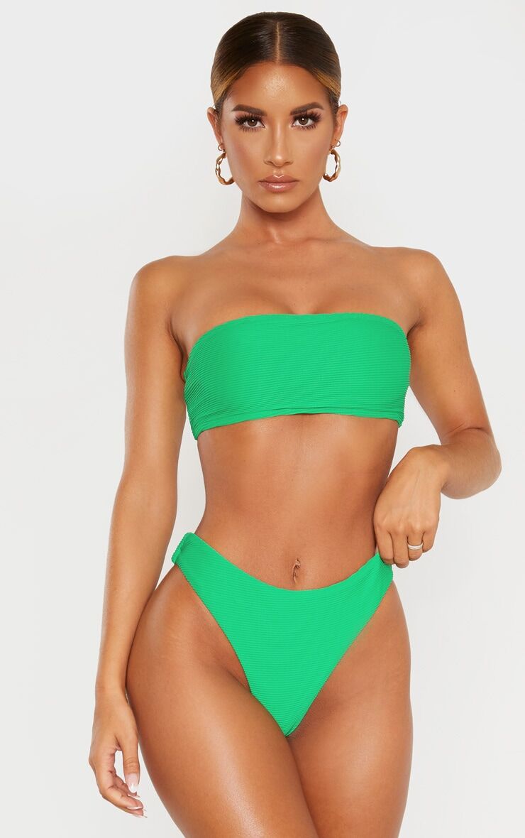 PrettyLittleThing Green Ribbed Bandeau Bikini Top  - Green - Size: 6