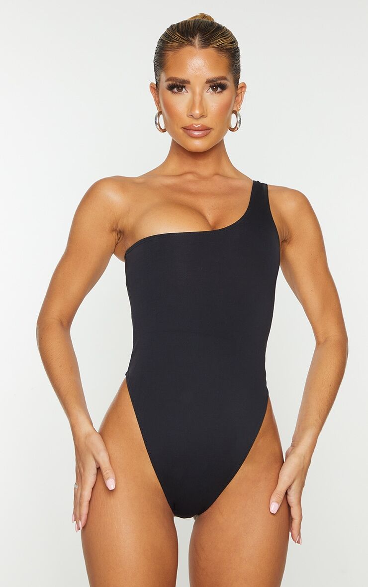 PrettyLittleThing Black One Shoulder Scuba Swimsuit  - Black - Size: 8