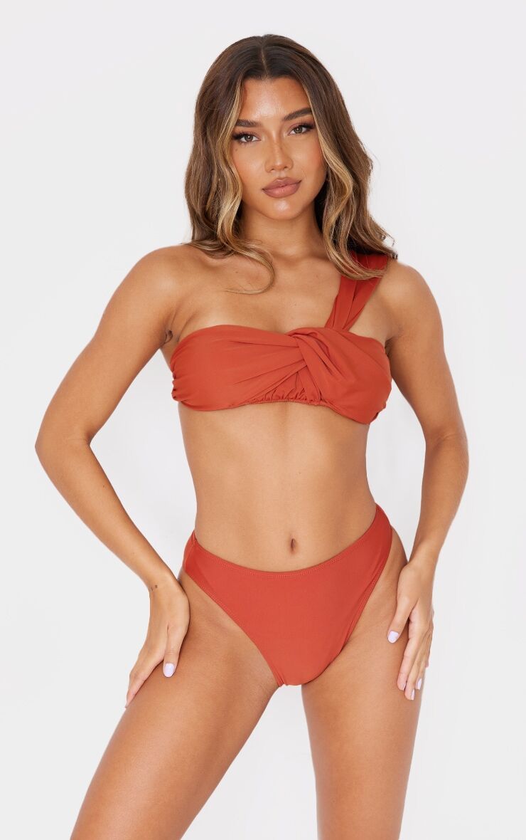PrettyLittleThing Brown Padded Tie One Shoulder Bikini Top  - Brown - Size: 10