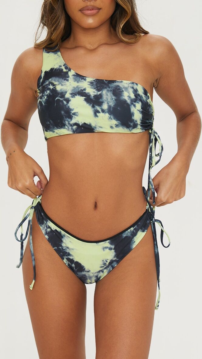 PrettyLittleThing Green Tie Dye Ruched Side Bikini Bottoms  - Green - Size: 16