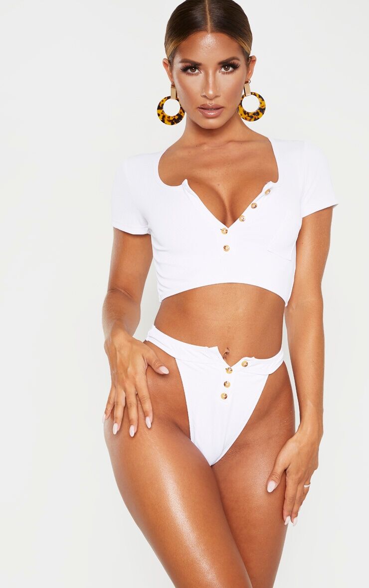 PrettyLittleThing White Ribbed Button Down Short Sleeve Bikini Top  - White - Size: 6