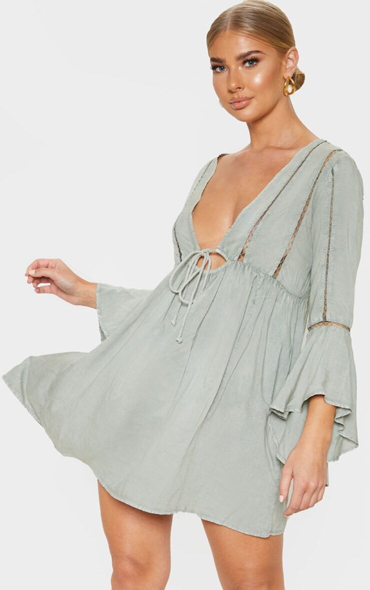 PrettyLittleThing Pale Khaki Tie Front Frill Sleeve Beach Dress  - Pale Khaki - Size: 14