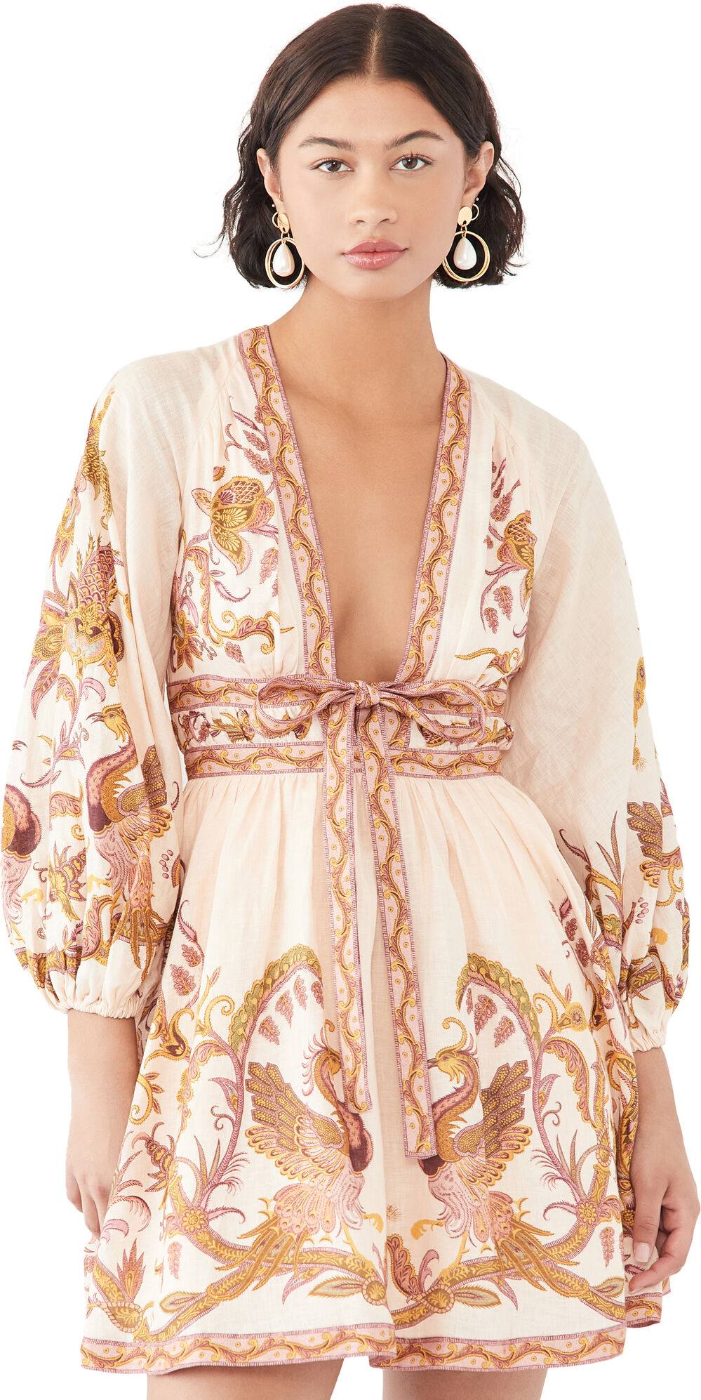 Zimmermann Cassia Plunge Bow Mini Dress Cream Bird Floral 3  Cream Bird Floral  size:3