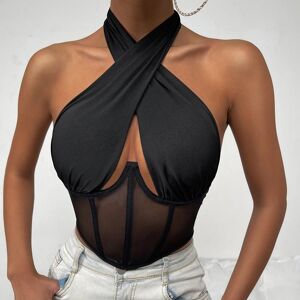 Madeh Sexy Cross Neckholder Korsett Bustier Mesh Bone Tank Tops Damen Tie Up Wrap Tube Tops Rückenfrei Slim Fit Cut Out Front Tops