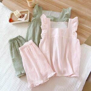 Cloud Cotton Story 2023 Japanischer Sommer Neuer Damen-Pyjama-Anzug Kurzärmelige Shorts Zweiteiliger 100 % Baumwoll-Crêpe Einfache Karierte Dünne Heimkleidung