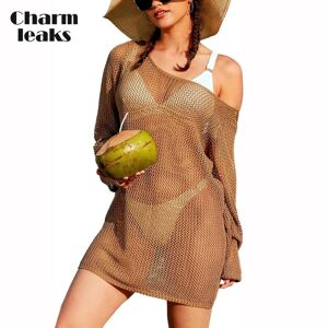 Charmleaks Style Women Crochet Swimsuit Cover up Bell Sleeve Beach Cover-ups Backless Bathing Suit Cover Ups Scalloped Bikini Swimwear - Publicité