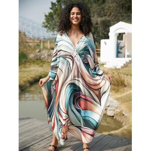 EDOLYNSA Vague Imprimé Grande Taille Blanc Caftan Maillot De Bain Pour Les Femmes 2024 D'été Décontracté Lâche Maison Robe Plage Cover-ups Q1628 - Publicité