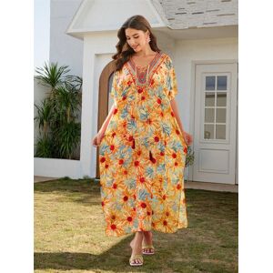 EDOLYNSA 2024 Été Plage Boho Col en V Broderie Caftan Orange Imprimé Floral Gland Sangle Maison Robe Femme Bord De Mer Vacances Maillot De Bain Cover Up Q1627 - Publicité