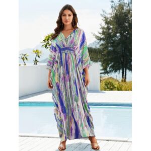 EDOLYNSA 2024 Été Sexy Coloré Tie Dye Col En V Manches Chauve-Souris Oversize Kaftan Robe Maillot De Bain Cover Up Pour Les Femmes Vacances Confortable Maison Robe Tunique Q1616 - Publicité