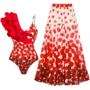 One Shoulder Ruffle Swimsuit With Cover Up Sexy Deep V Swimwear Women Floral Bikini Sets Swimsuits Bathing suit Bodysuit - Publicité