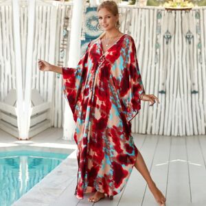 EDOLYNSA Beach Cover Up EDOLYNSA Rouge tie-dye imprimé bikini cache-maillot de bain robe décontractée col en V fente latérale été jupe de plage vêtements de plage pour femmes maillot de bain cache-maillot Q1297 - Publicité