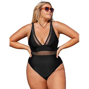 CUPSHE Maillot de bain grande taille pour femme Col en V profond Maille transparente Contrôle du ventre Une pièce Maillot de bain Curvy Grande taille, Noir , XL - Publicité