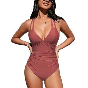 CUPSHE Maillot de bain une pièce pour femme, contrôle du ventre, col en V profond, bretelles croisées dans le dos, maillot de bain, rouge brique, Taille L - Publicité