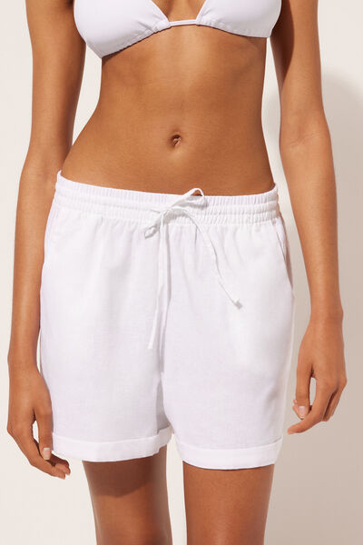 Calzedonia Pantaloncini Corti in Lino e Cotone Donna Bianco L