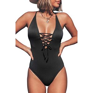 CUPSHE Women's One Piece Swimsuit V Neck Lace Up Beach Swimwear Solid Textured Bathing Suit Swimming Costume Black XL