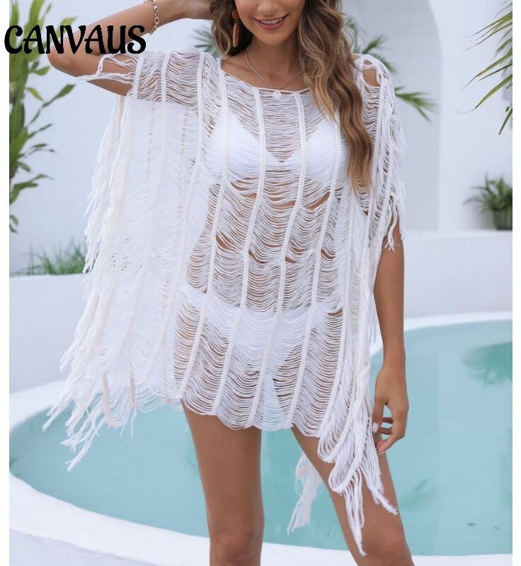 CANVAUS Summer Women's Cover Up Beach Plus size Tassel Shirt One Neck Irregular Hollow Out Dresses Bikini Swimwear Beach Smock