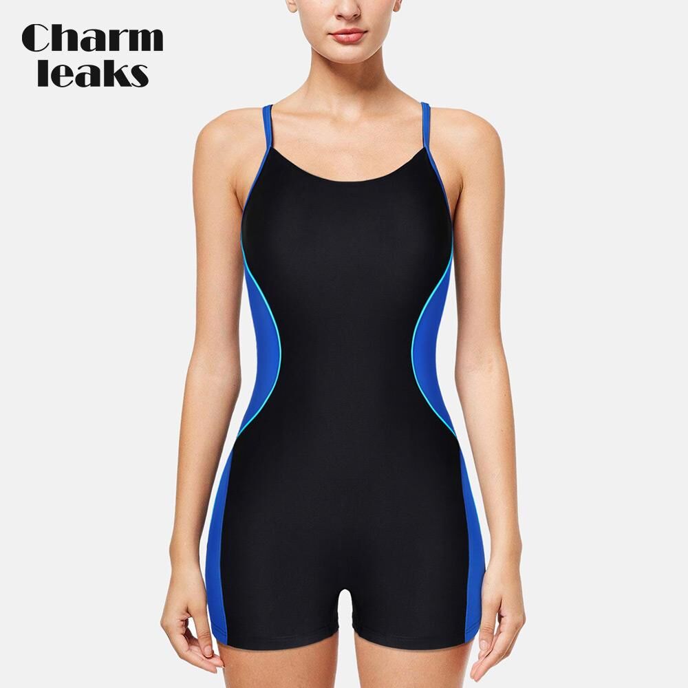 CHARMLEAKS Women‘s One Piece Sports Swimwear Boyleg Pro Swimsuit Beach Wear Colorblock Racerback Bathing Suits