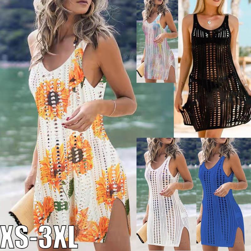 Smart Mouse 2022 Summer Fashion New Women's Crochet Bikini Cover Up Swimsuit Swimwear V Neck Sleeveless Hollow Knit Sunscreen Shirt Beach Skirt