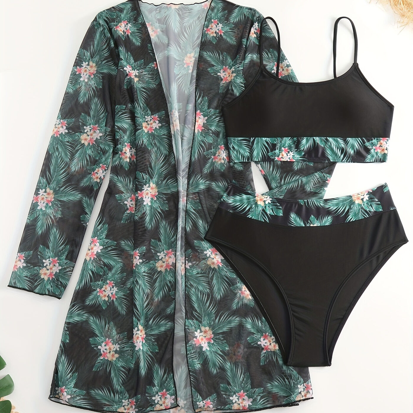 Temu Tropical Print Contrast Trim Scoop Neck Bikini Set, High Strech Spaghetti Straps Cover Up Swimsuit, 3 Piece Set, Women's Swimwear & Clothing Black M