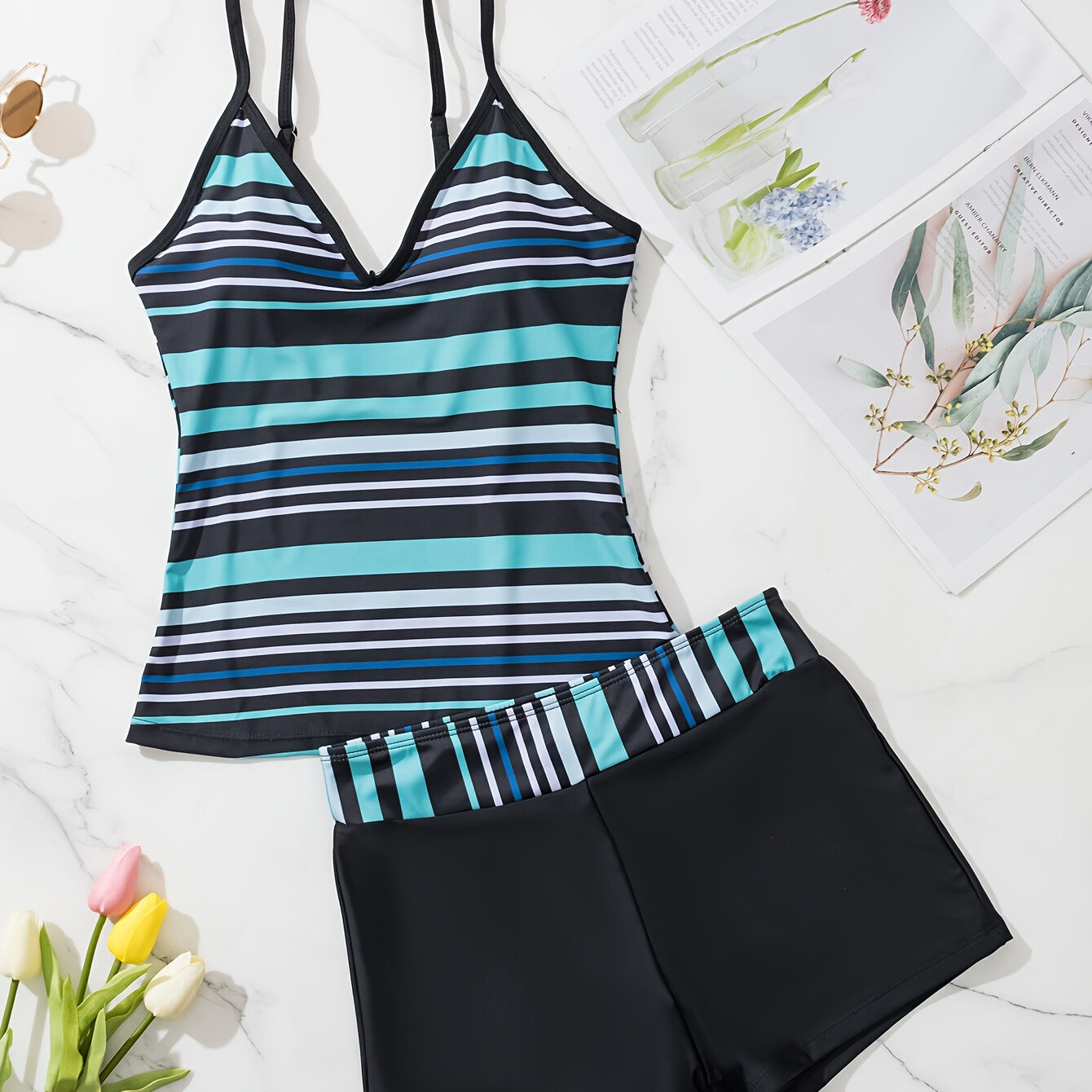 Temu Colorblock Striped Print Tankini Sets, Round Neck Spaghetti Straps High Waist Boxer Short Bottom 2 Pieces Swimsuit, Women's Swimwear & Clothing Black M(6)