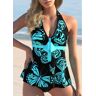 unsigned Butterfly Print Halter Bowknot Tankini Set