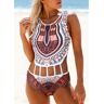 unsigned Ladder Cutout African Tribal Print Pink One Piece Swimwear
