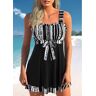 unsigned Frill Striped Black Wide Strap Swimdress Top