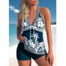 unsigned Bowknot Tribal Print Navy Tankini Top