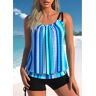 unsigned Ruched Striped Neon Blue Tankini Top