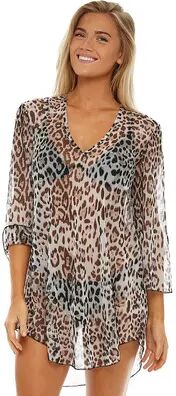 Taylor Women's Jordan Taylor Animal Print Sheer Swim Cover-Up Tunic, Size: Small, Jaguar