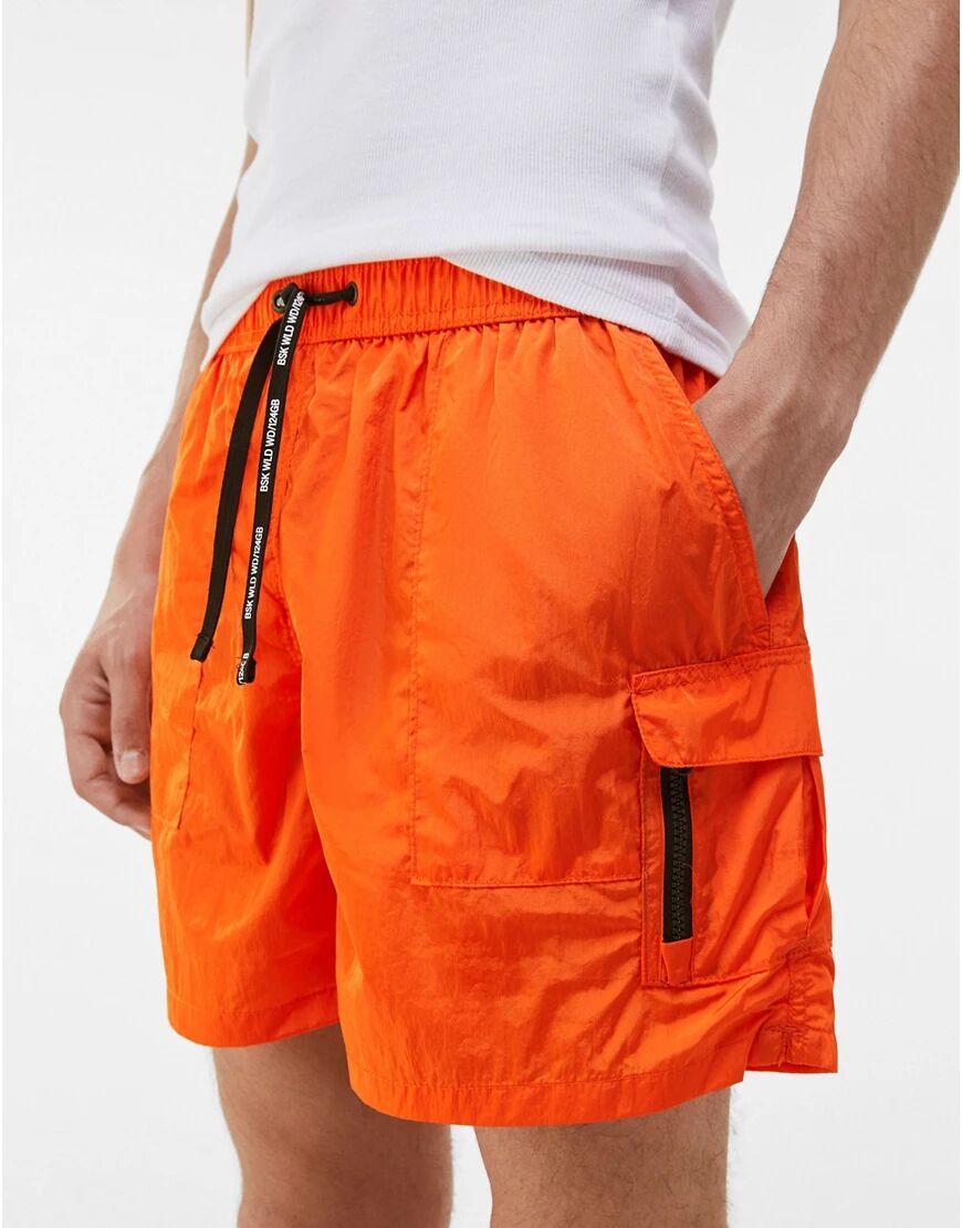 Bershka swim shorts with cargo pockets in orange-Black  Black