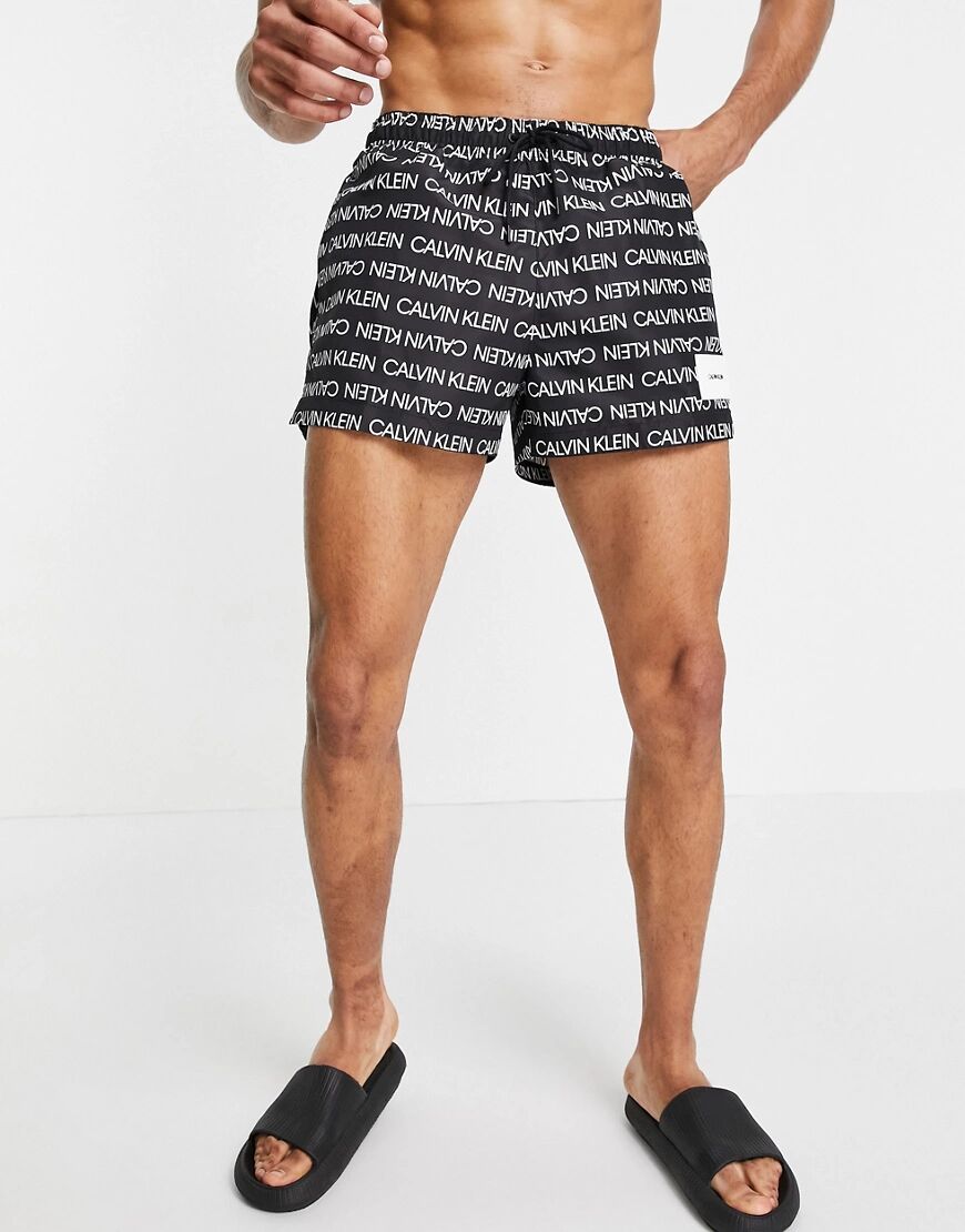 Calvin Klein all over print short drawstring swim shorts in black  Black