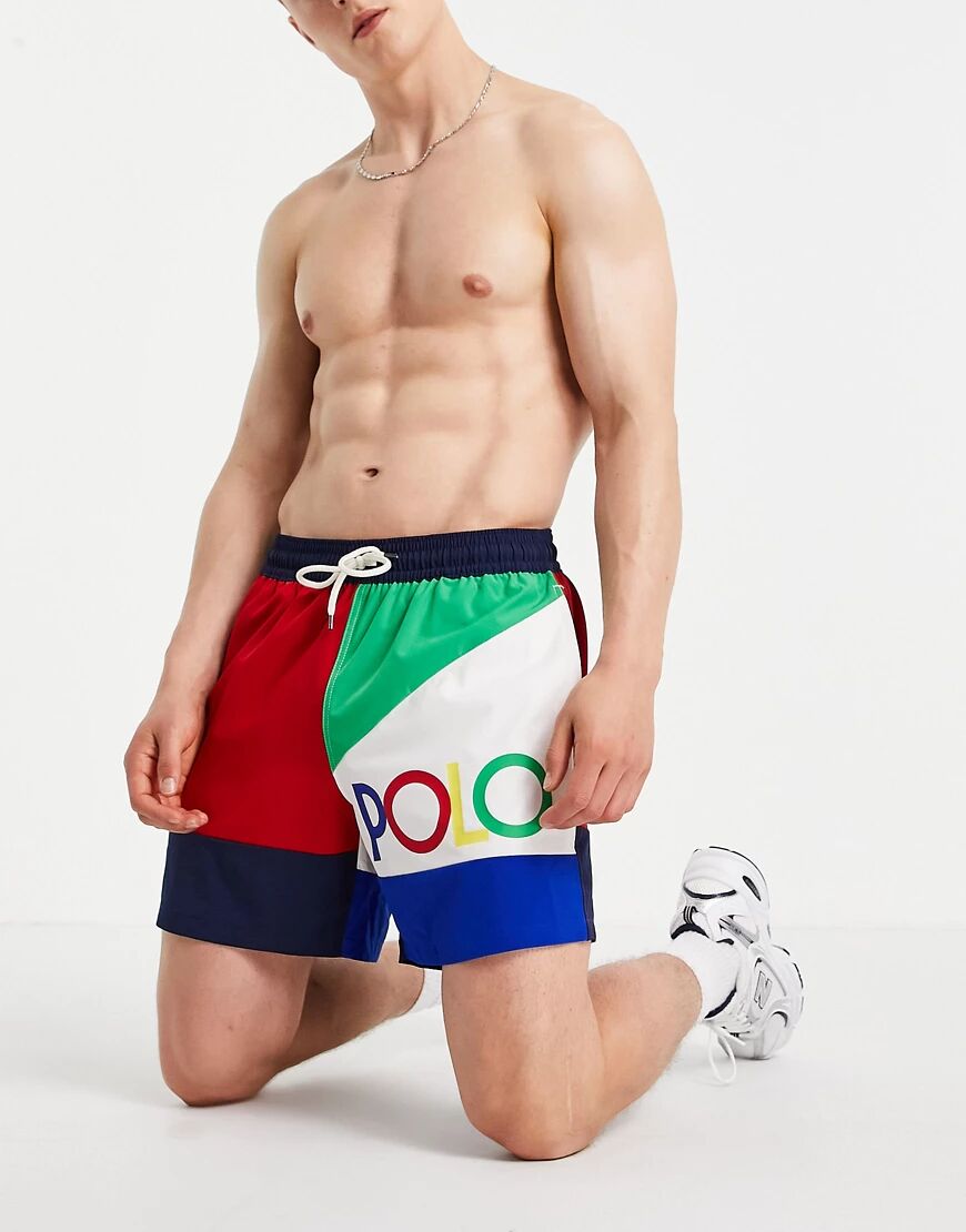 Polo Ralph Lauren traveler rainbow logo front flag colourblock swim shorts in multi  Multi