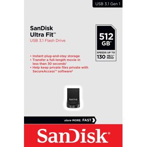 SanDisk USB 3.1 Stick 512GB, Ultra Fit Typ-A, (R) 130MB/s, (W) 60MB/s, AES-128-Bit, Retail-Blister