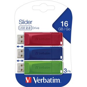 Verbatim USB 2.0 Stick 16GB, Slider, rot-blau-grün, Multipack (R) 10MB/s, (W) 4MB/s, Retail-Blister (3-Pack)