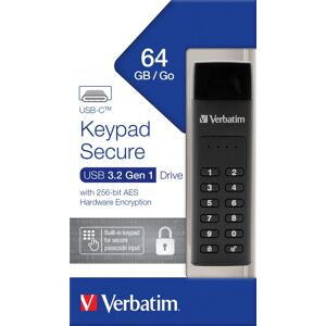 Verbatim USB 3.2 Stick 64GB, Secure, Keypad, AES-256-Bit Typ-C, (R) 160MB/s, (W) 140MB/s, Retail