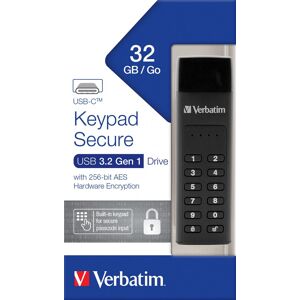 Verbatim USB 3.2 Stick 32GB, Secure, Keypad, AES-256-Bit Typ-C, (R) 160MB/s, (W) 130MB/s, Retail