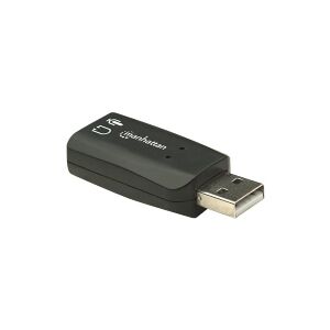 IC Intracom Manhattan USB-A Sound Adapter, USB-A to 3.5mm Mic-in and Audio-Out ports, 480 Mbps (USB 2.0), supports 3D and virtual 5.1 surround sound, Hi-Speed USB, Black, Three Year Warranty, Blister - Lydkort - stereo - USB 2.0