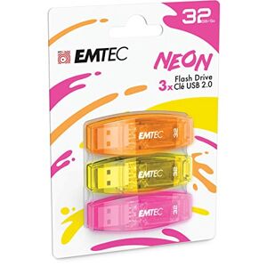 Emtec Clé USB 2.0 C410 , Mémoire Flash Drive De 32Gb, Lecture 5Mb/S, Écriture 15Mb/S, Compatible USB 2.0, USB 3.0, Transparentes Néon Fluo Avec Capuchon , Pack De 3 - Publicité
