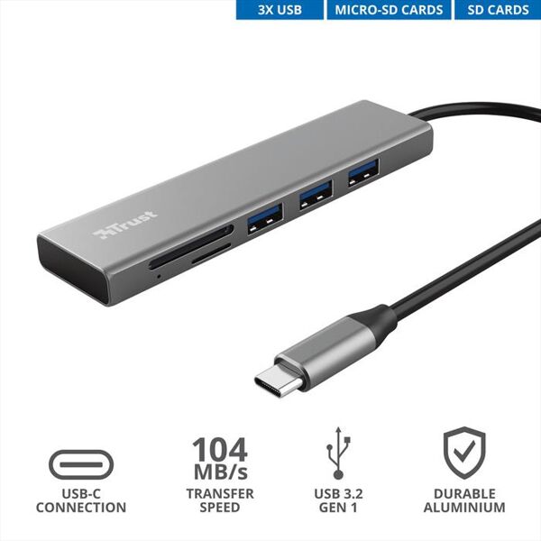 trust halyx fast usb-c hub & card reader-grey