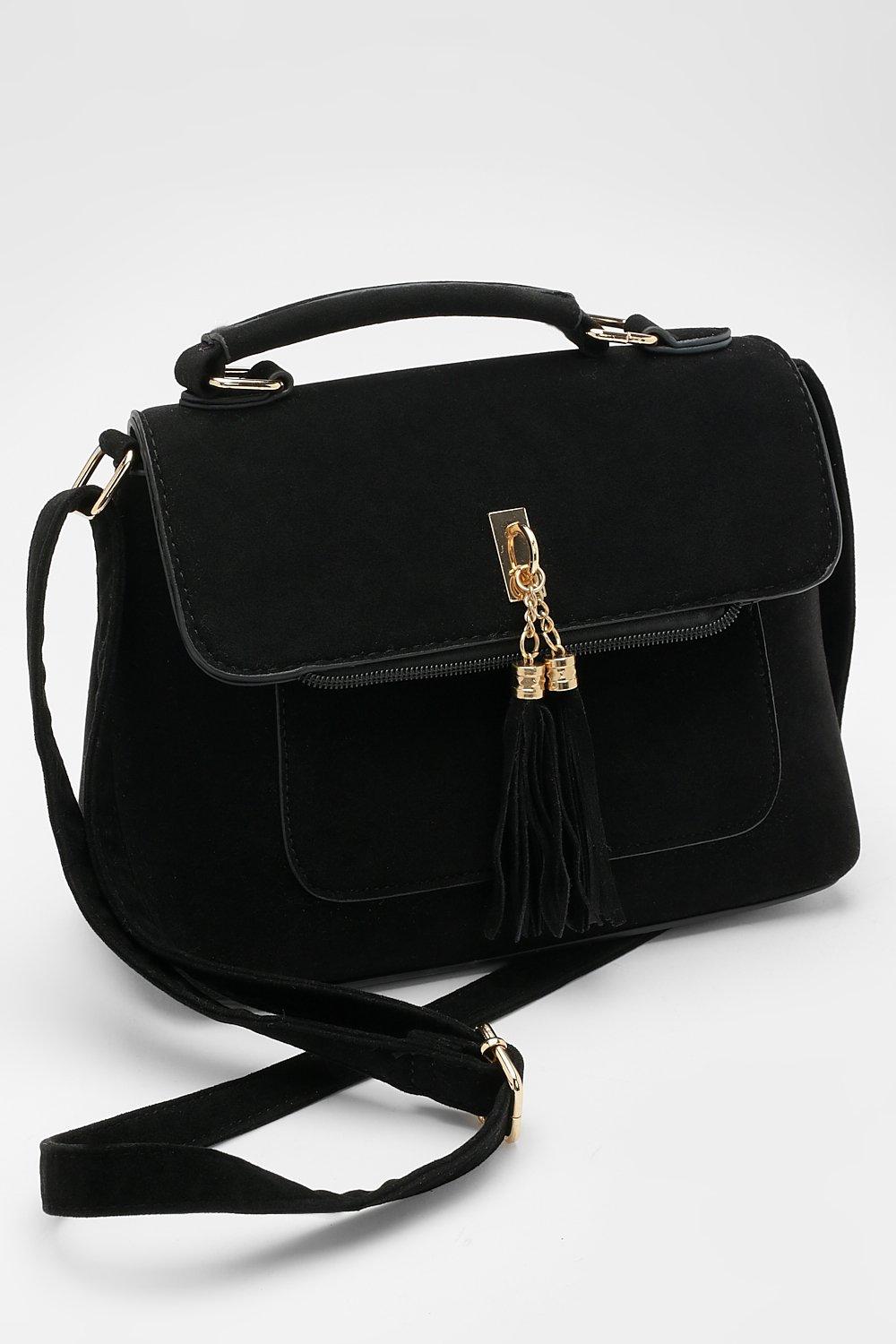 Boohoo Suedette Tassel Cross Body Bag- Black  - Size: ONE SIZE