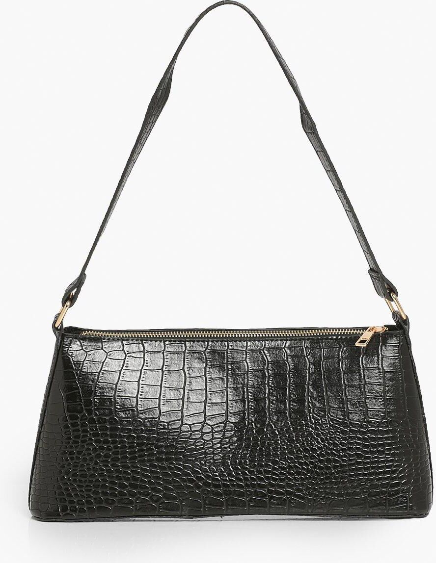 Boohoo Croc Effect Pyramid Shaped Shoulder Bag- Black  - Size: ONE SIZE